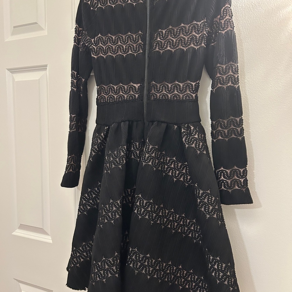 Maje Black Long-Sleeve Fit-and-Flare Dress with Metallic Stitching - Picture 4 of 7
